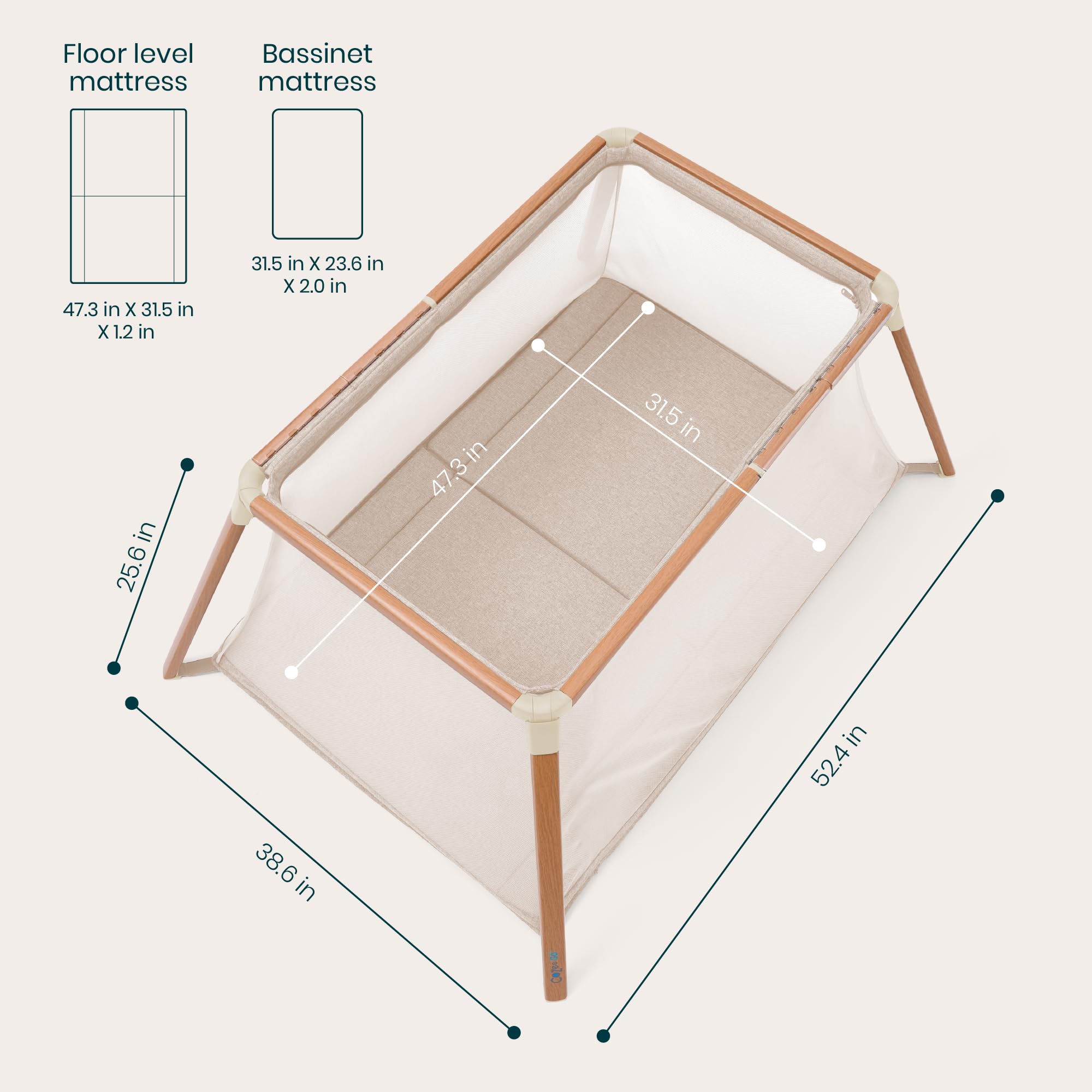 Mattress included with waterproof protector ensures dry naps.