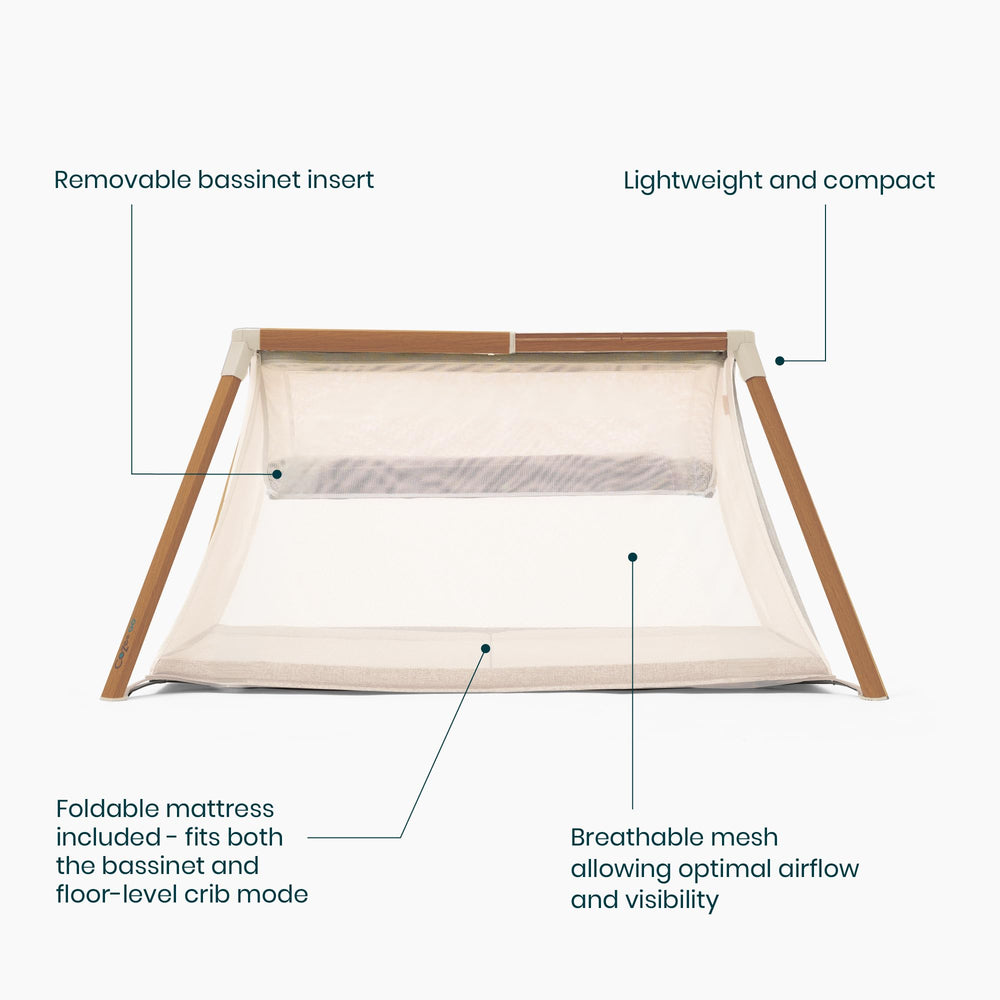 CoZee Go playpen with 360-degree mesh for visibility and airflow.
