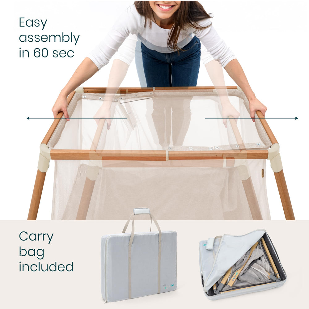 CoZee Go travel crib shown compact and ready for trips.