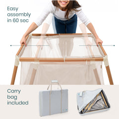CoZee Go travel crib shown compact and ready for trips.