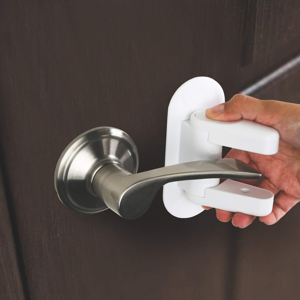 Tuut Door Lever Lock in action with push-button safety feature.