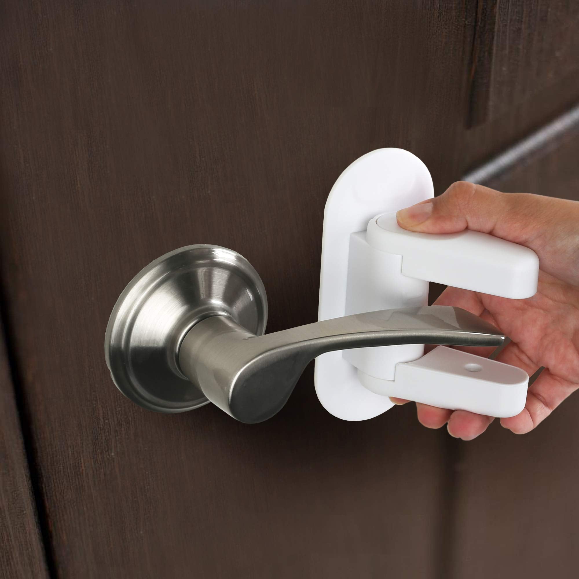 Tuut Door Lever Lock two-button mechanism close-up showing how it unlocks.