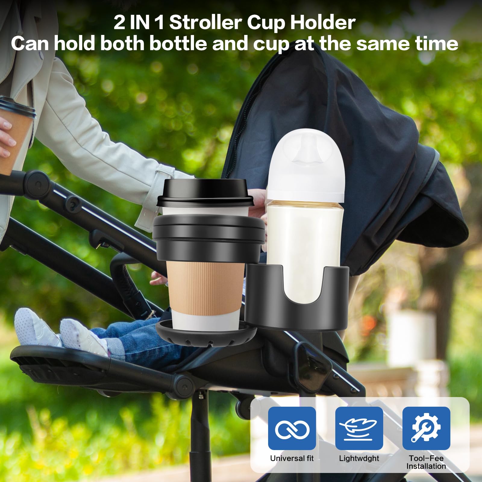 TUWEIPAIKE 2-in-1 dual-cup design supports multiple cup sizes on the stroller.