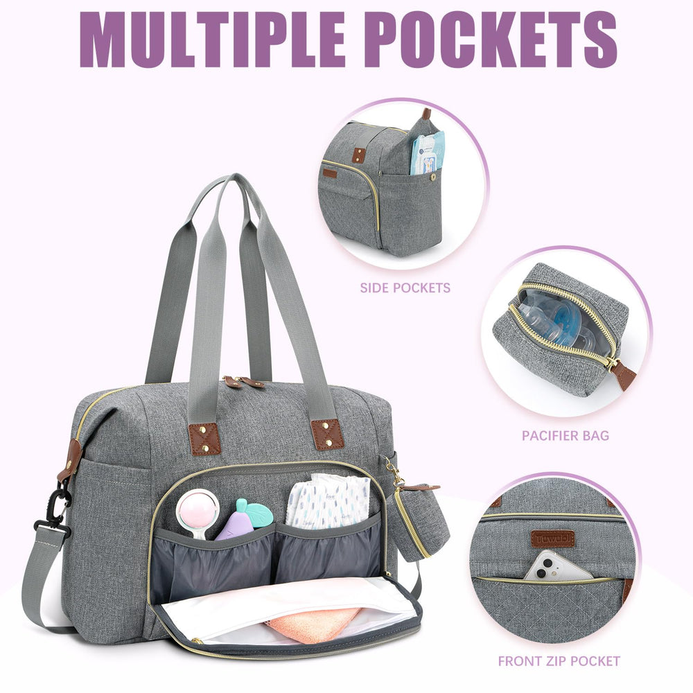 Tuwubi diaper bag tote bottle pockets insulate bottles for warmth or coolness on the go.