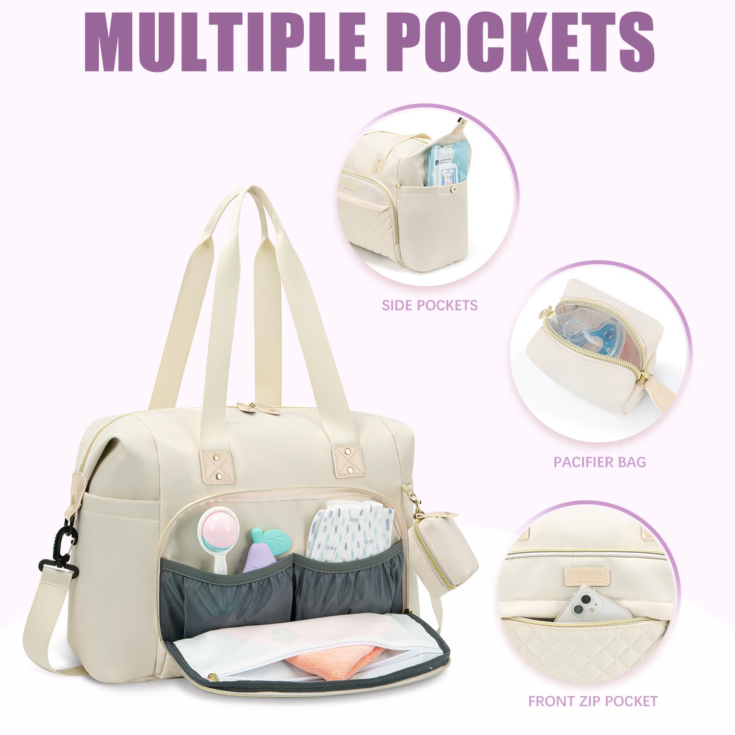 Tuwubi diaper bag tote pacifier case attached keeps items hygienic and within reach.