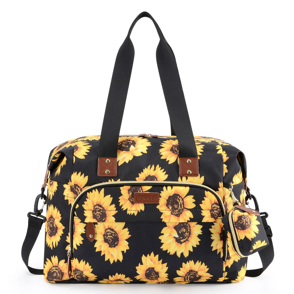 Tuwubi Diaper Bag Tote sunflower front view with roomy compartments.