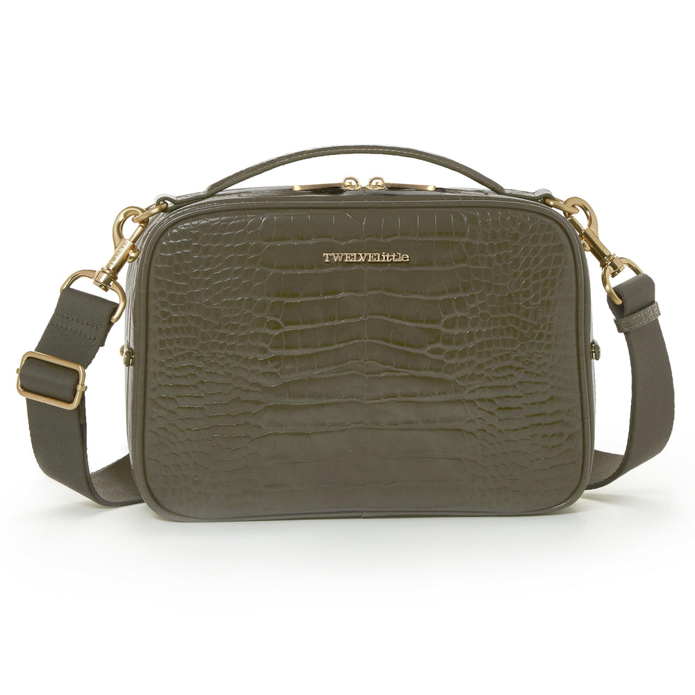 TWELVElittle Luxe Diaper Clutch Olive Croc crossbody, hands-free organization.