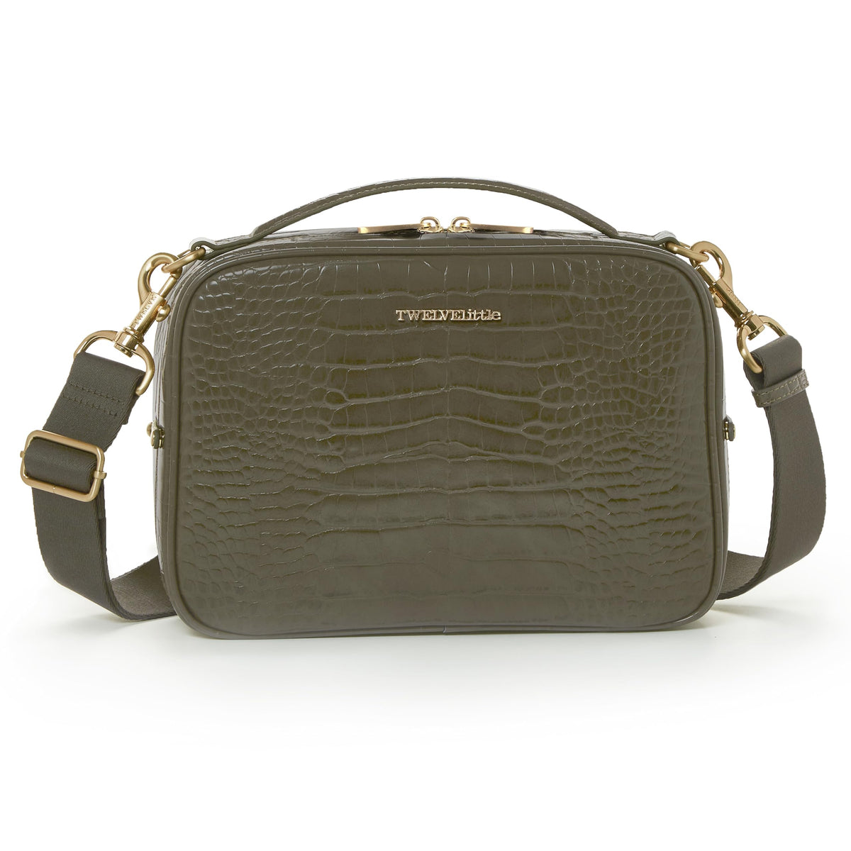 TWELVElittle Luxe Diaper Clutch Olive Croc crossbody, hands-free organization.