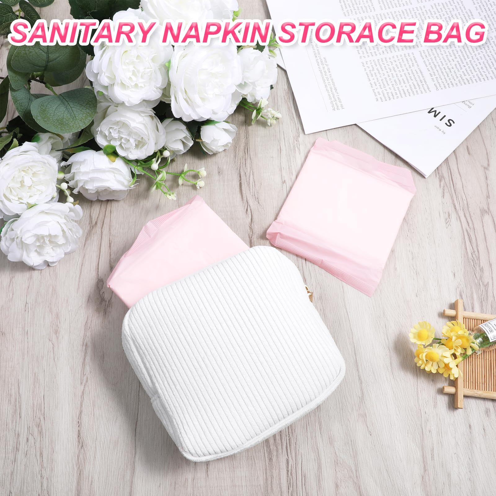 Tweruna Period Bag corduroy white front view highlights compact, travel-ready size.