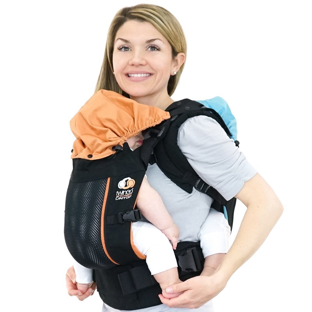TwinGo Air Model Classic Black, front view, ergonomic comfort for parent and hip-friendly baby support