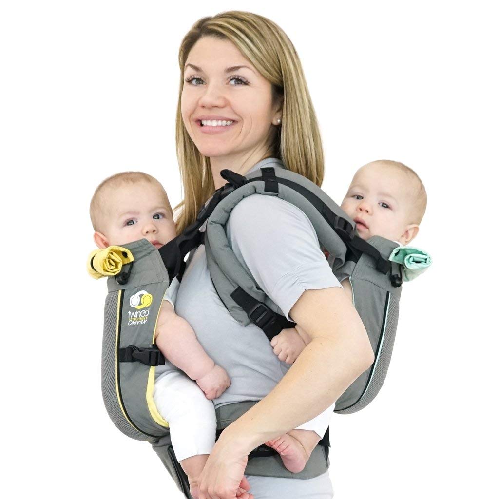 TwinGo Air Model in cool grey worn as a two-baby tandem carrier for comfort and versatility