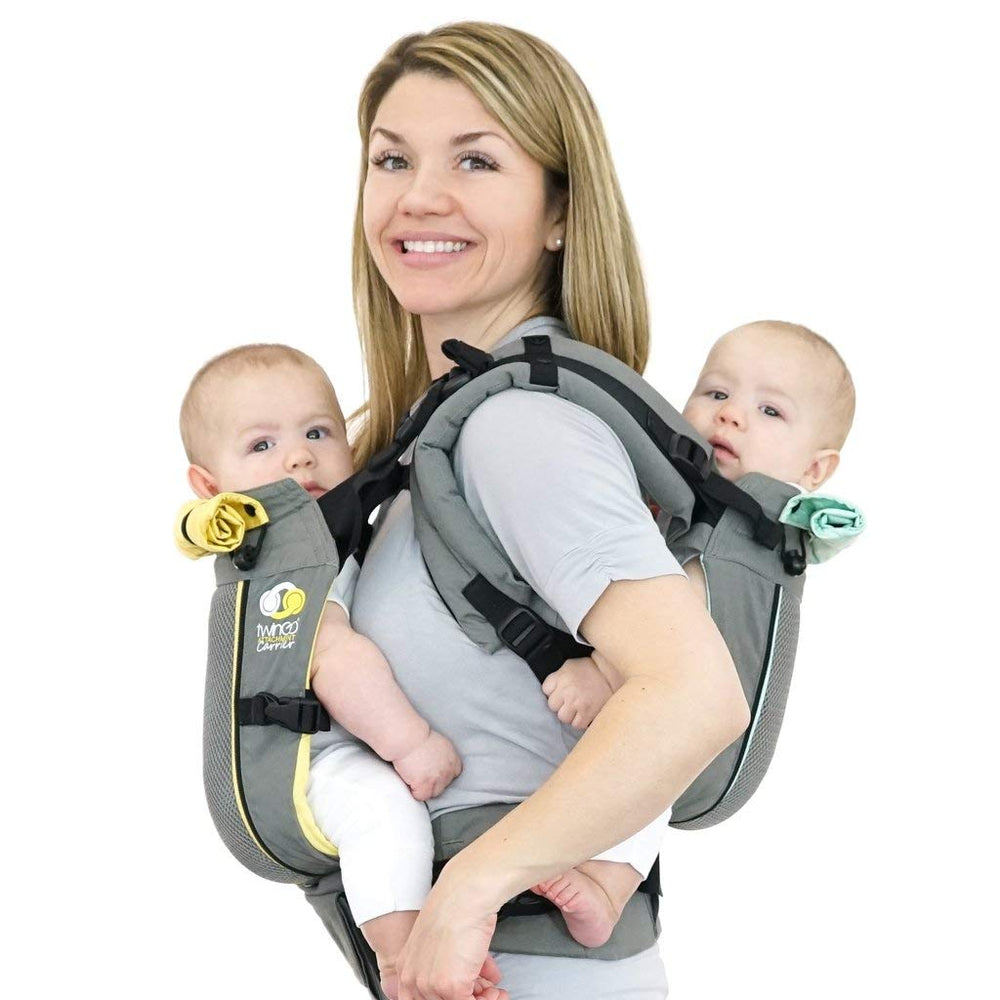 TwinGo Air Model in cool grey worn as a two-baby tandem carrier for comfort and versatility