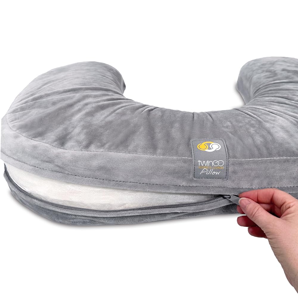 TwinGo nurse and lounge pillow cover in grey fits U-shaped pillow for easy cleaning and use