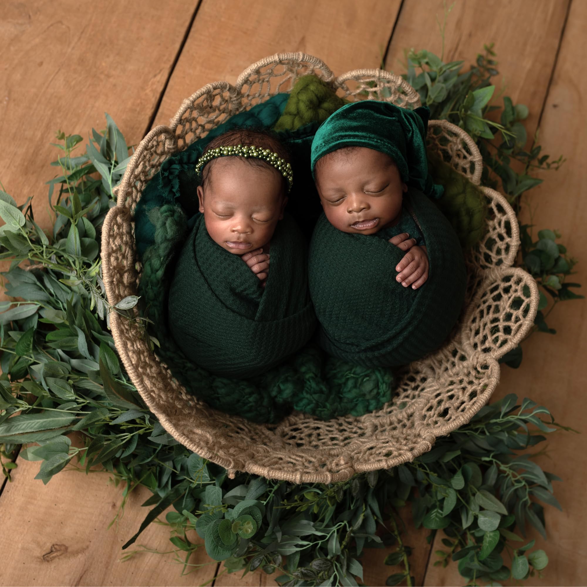 Twinkle Nest dark green waffle knit wrap shown as cozy newborn swaddle for shoots
