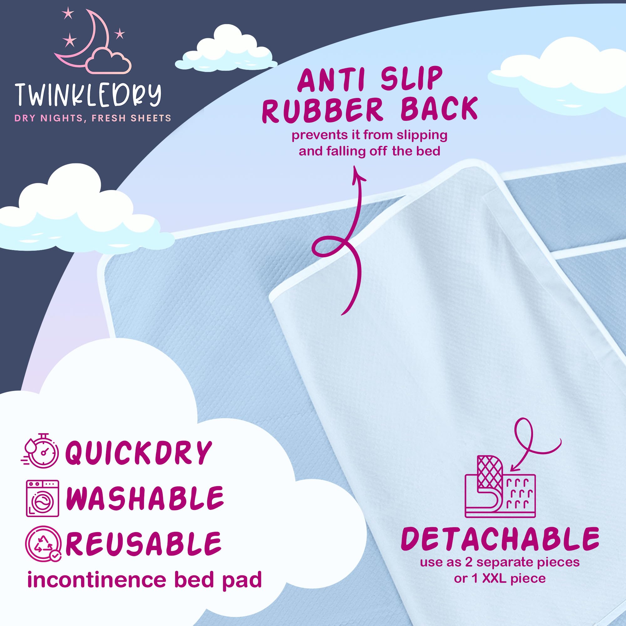Twinkledry bed pad dries fast for easy laundry and reuse.