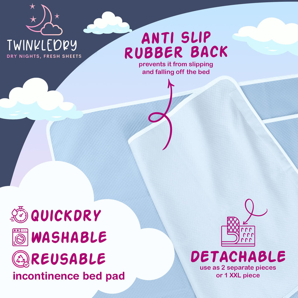 Twinkledry bed pad dries fast for easy laundry and reuse.