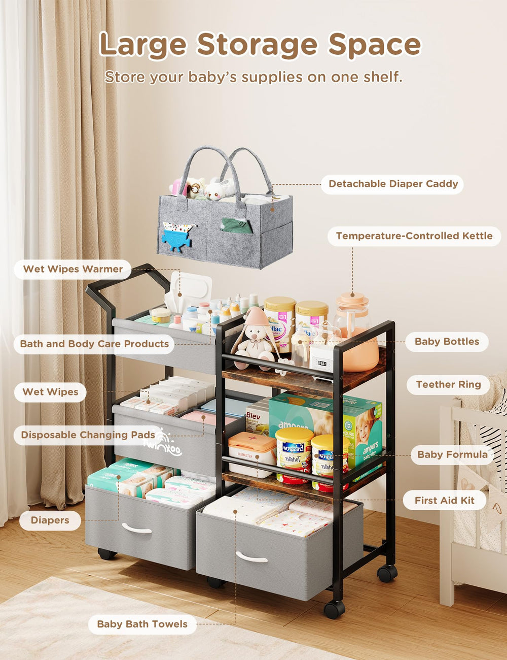 Twinkoo baby diaper caddy 3-tier structure keeps nursery essentials organized