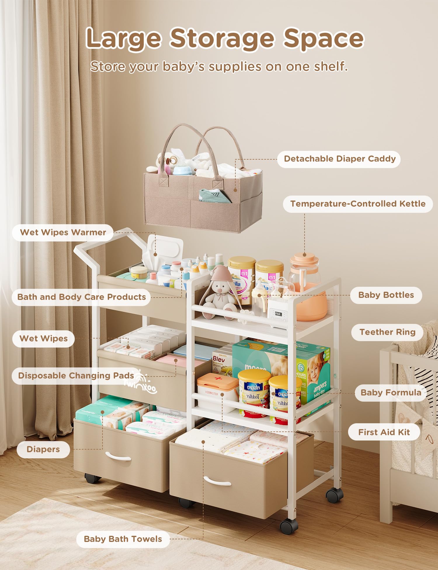 Twinkoo detachable diaper basket doubles as mobile changing station
