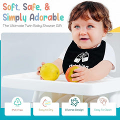 Twinstuff 12x9.5-inch bibs illustrate roomy spill protection for twin mealtimes