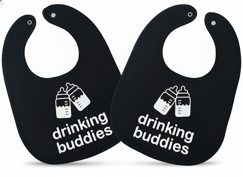 Twinstuff Drinking Buddies Bibs flatlay shows soft cotton and twin design for mess-free meals