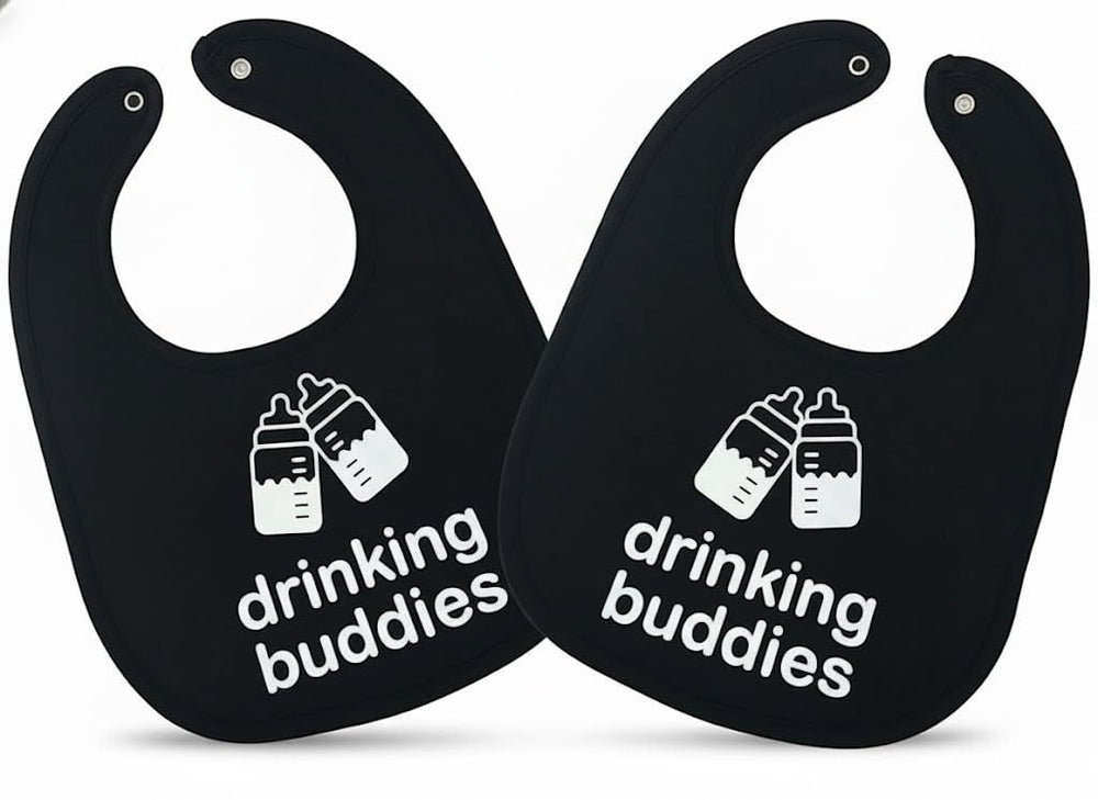 Twinstuff Drinking Buddies Bibs flatlay shows soft cotton and twin design for mess-free meals