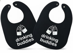 Twinstuff Drinking Buddies Bibs flatlay shows soft cotton and twin design for mess-free meals