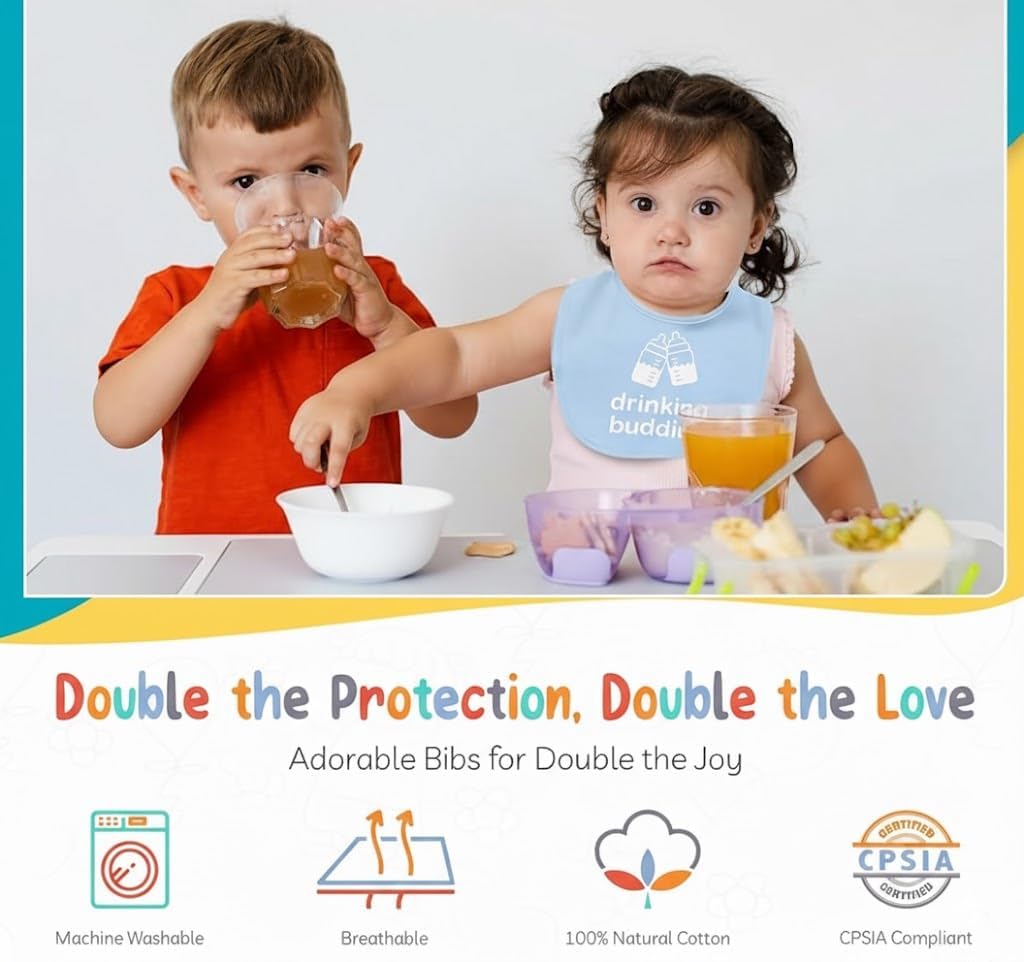 Twinstuff Drinking Buddies bibs in unisex design for twins, versatile everyday wear.