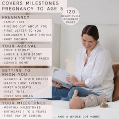 Six dividers in Two Little Dinos memory book organize milestones clearly