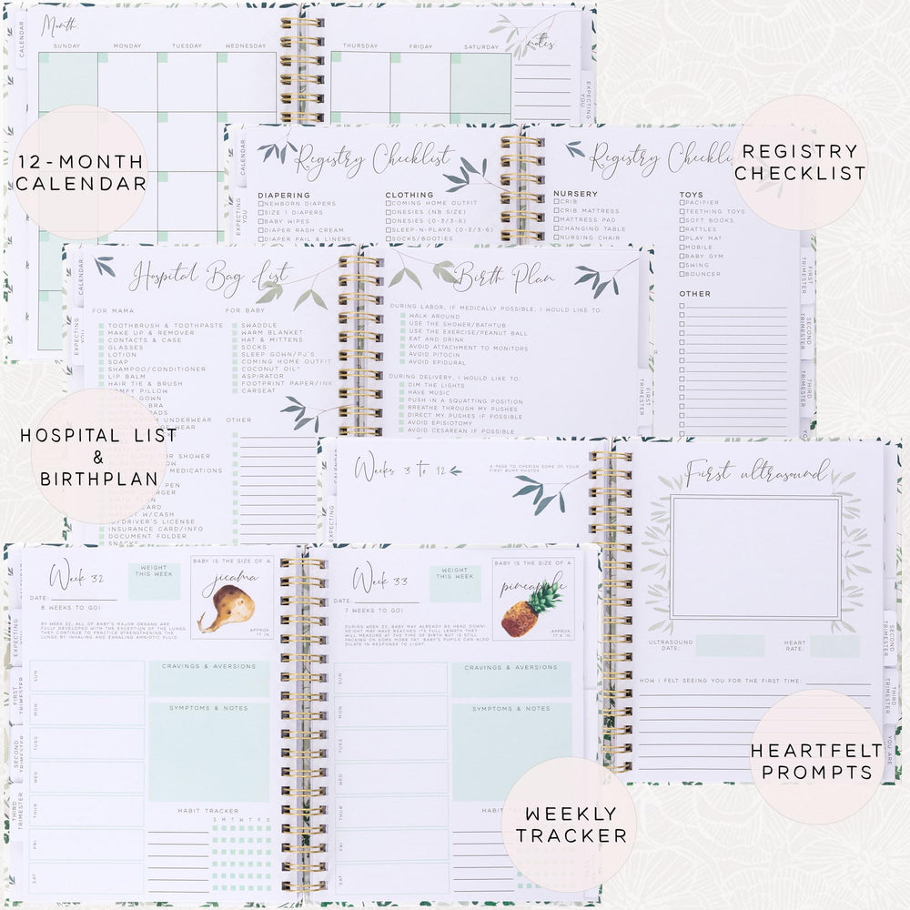 Calendar and registry pages helping plan essentials for baby preparations.