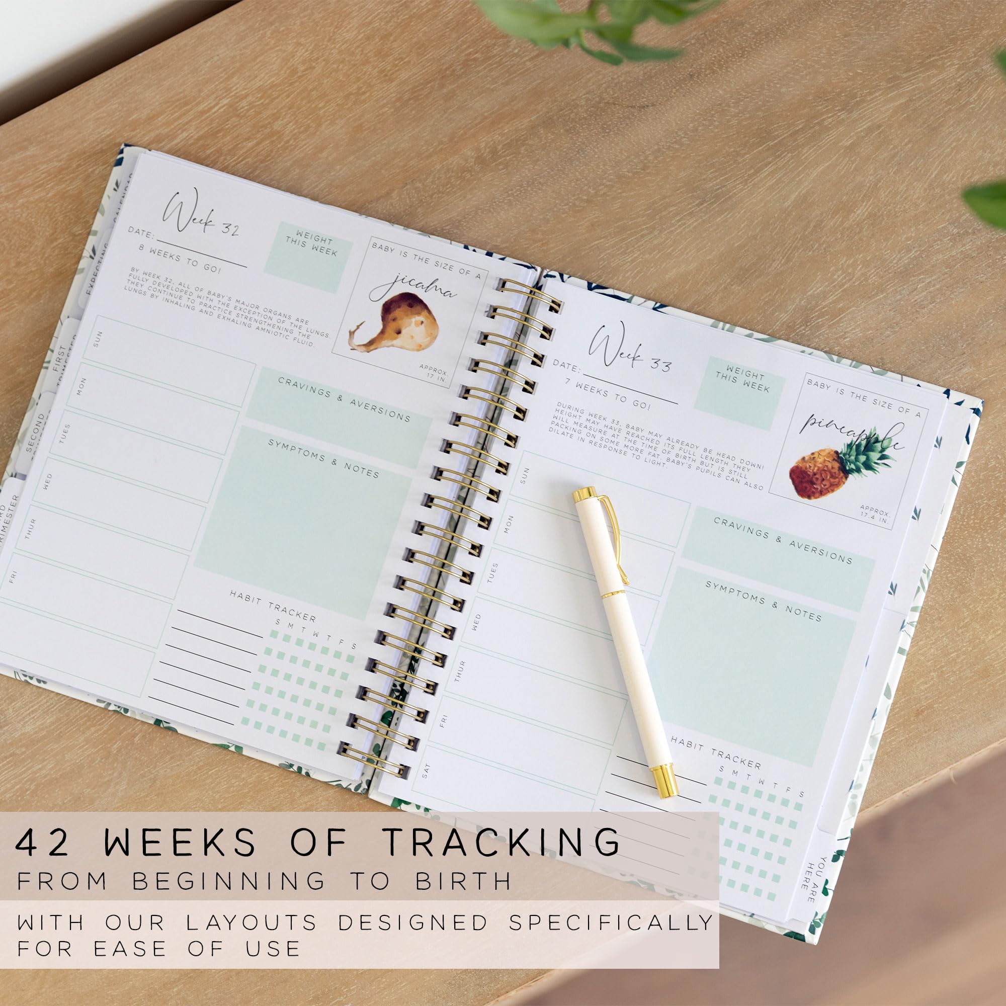 Milestone pages capturing trimester moments and emotional milestones.