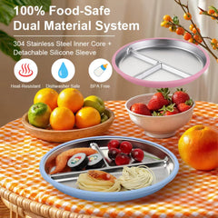 TwoSet pink silicone-sleeve plate shows soft grip for quiet mealtime