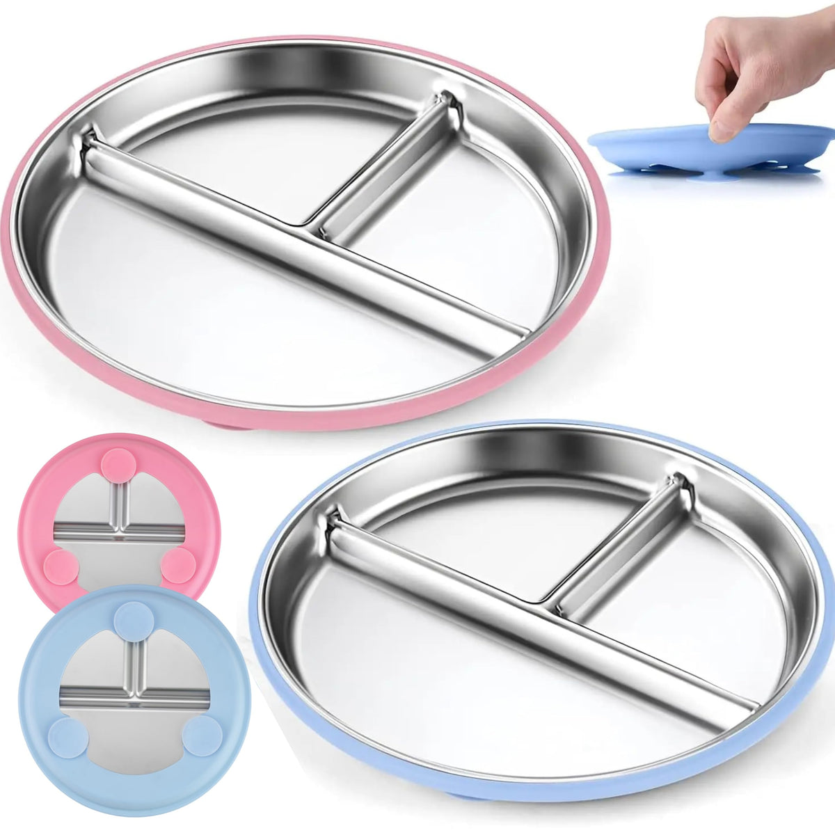 TwoSet stainless toddler plates with suction for 9-inch meals, keeps foods separated