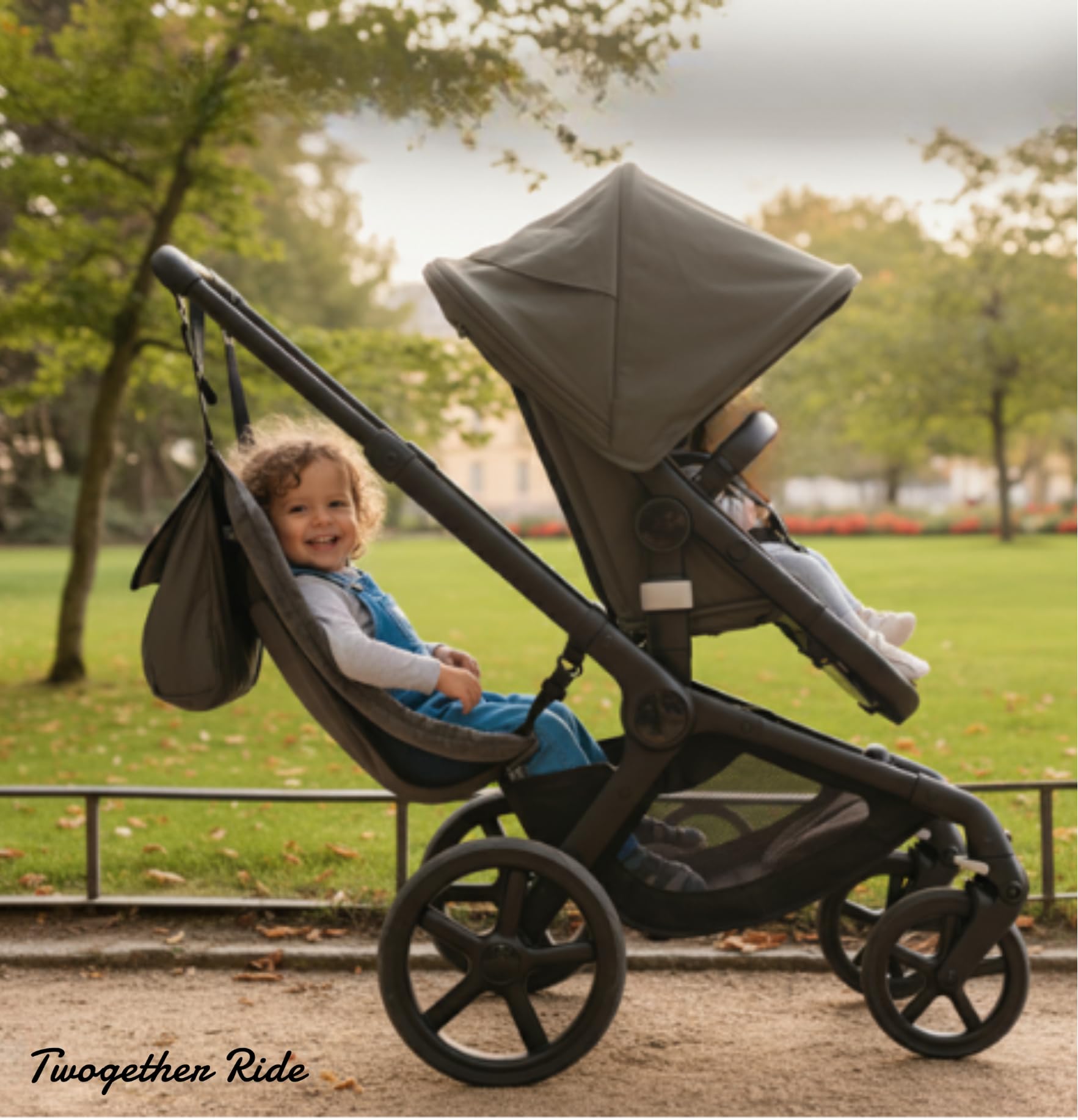 Twogether Ride Hammock Seat Attachment provides a secure hammock seat for toddlers.