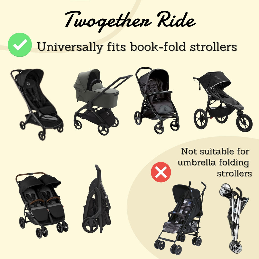 Twogether Ride Hammock Seat Attachment enhances toddler ride comfort on outings.