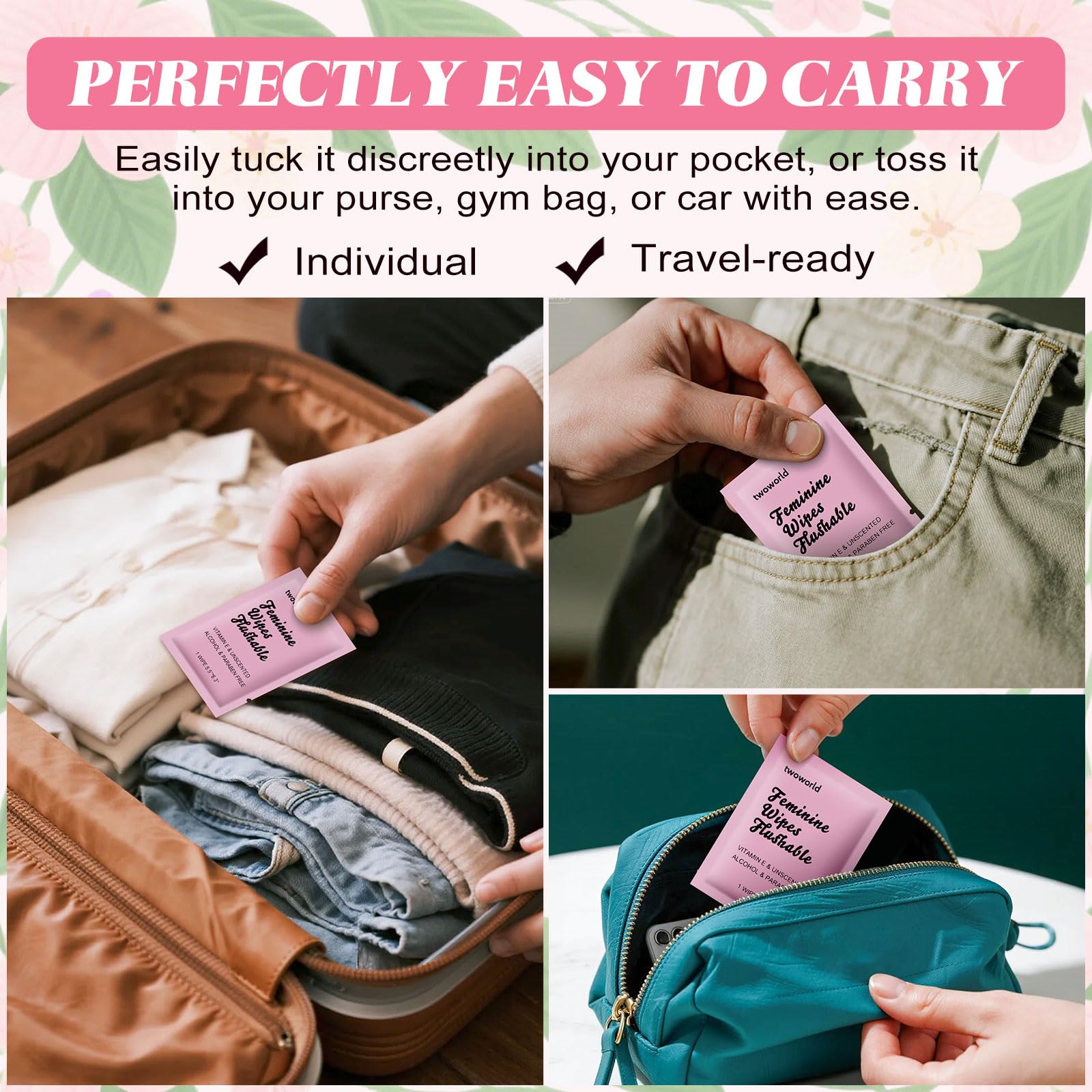 twoworld feminine wipes 50-count pack for everyday convenience.