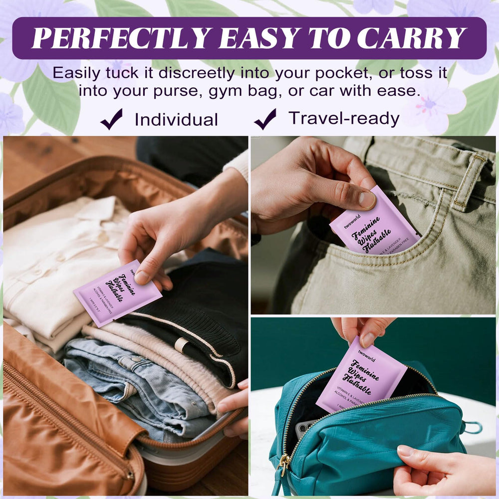 Twoworld feminine wipes portable pouch easy to carry in a backpack or purse.