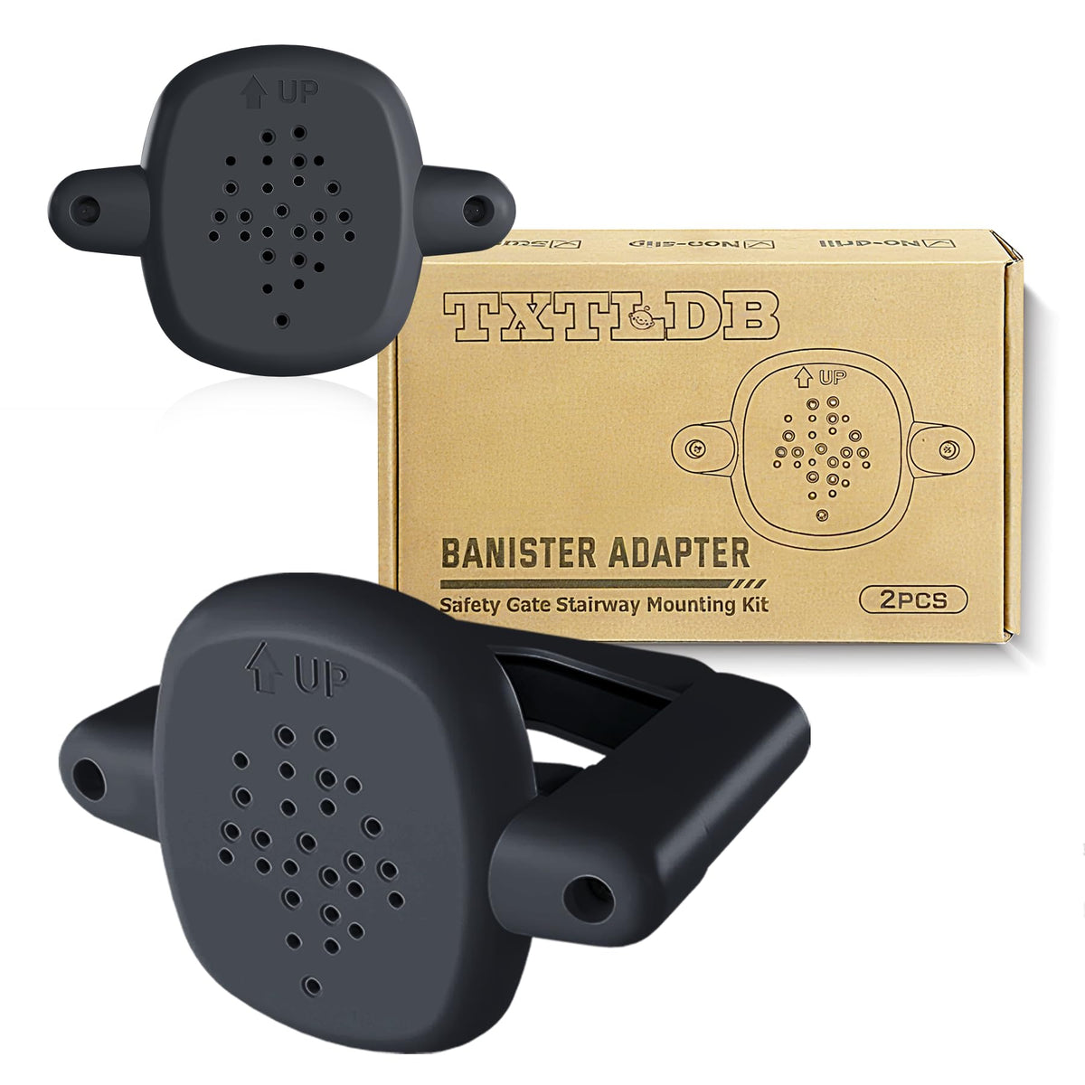 TXTLDB baby gate banister adapter on a post provides secure, no-drill mounting for stairs.
