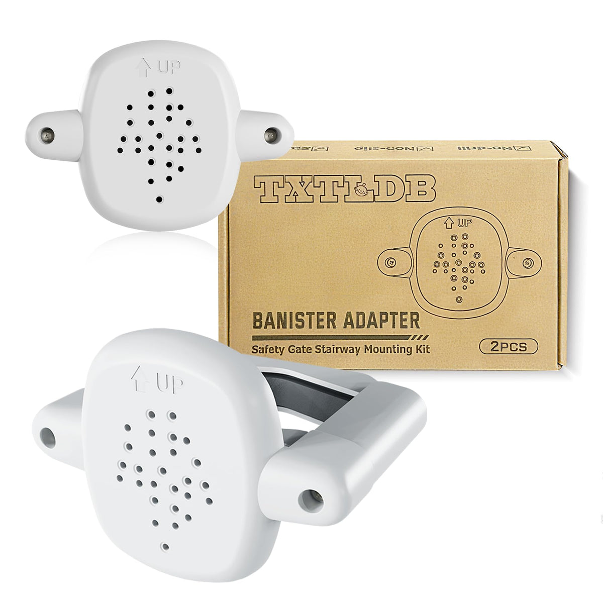 TXTLDB baby gate banister adapter in white for quick no-drill stair mounting