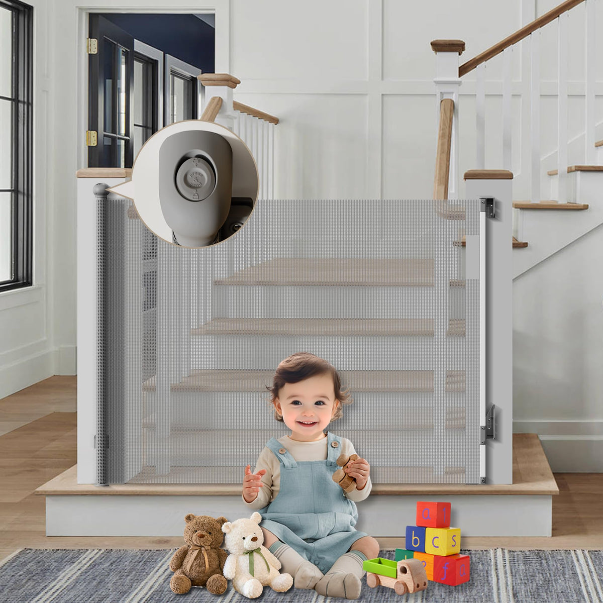 TXTLDB retractable gate 55-wide gray in doorway, space-saving when not in use