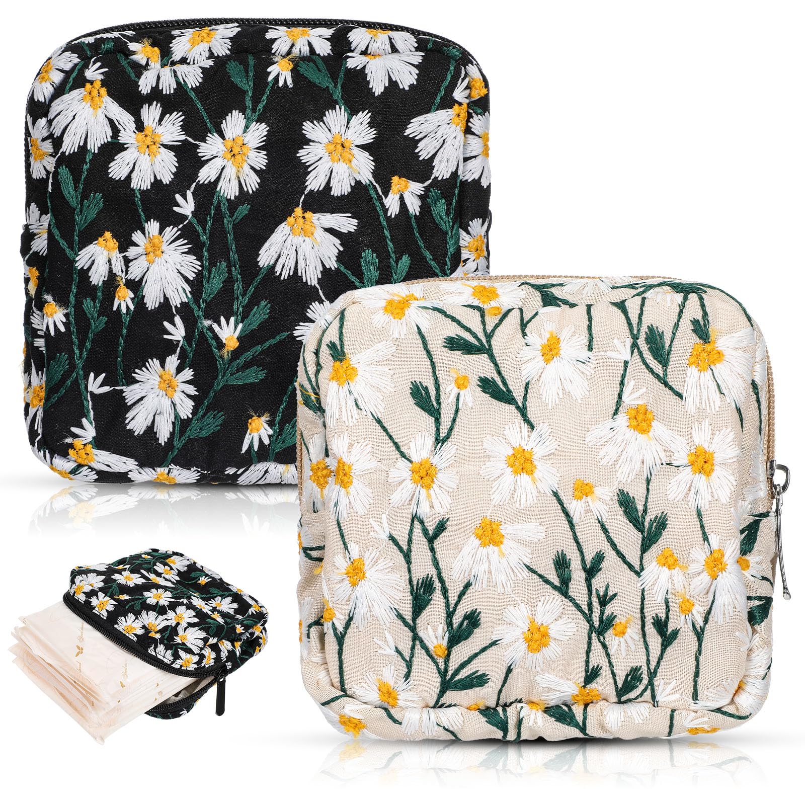 Tyqour daisy embroidery period bag keeps pads discreetly organized.