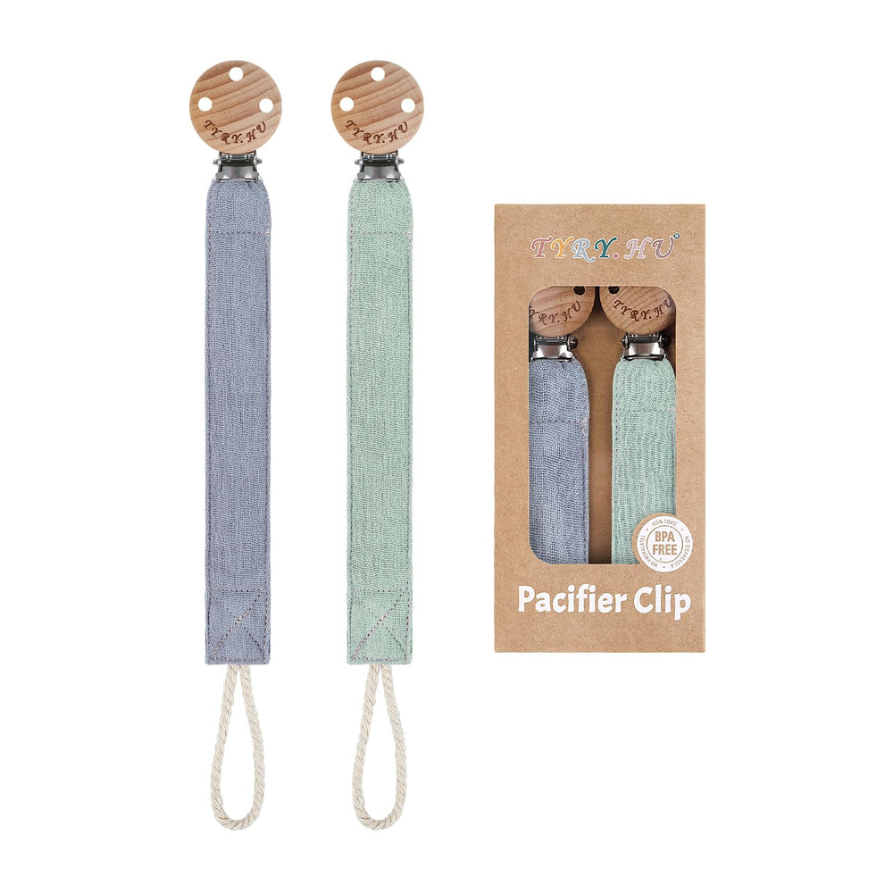 TYRY.HU Ribbon Pacifier Clip blue securely holds a pacifier and keeps it within reach.