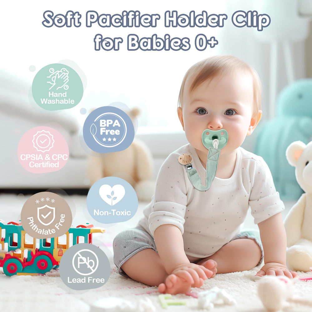 TYRY.HU Ribbon Pacifier Clip stainless steel clip offers secure grip against clothing.