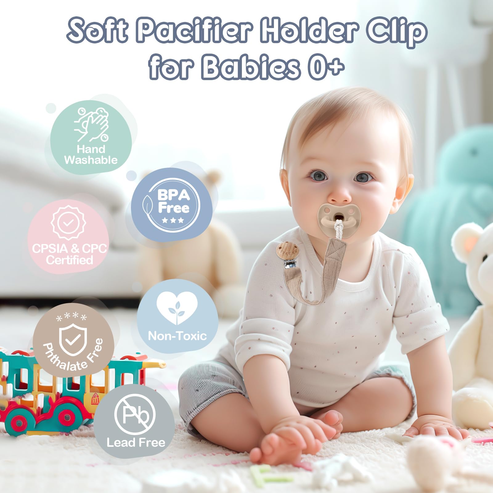 TYRY.HU ribbon pacifier clip in blue helps keep pacifiers off floors and within reach.