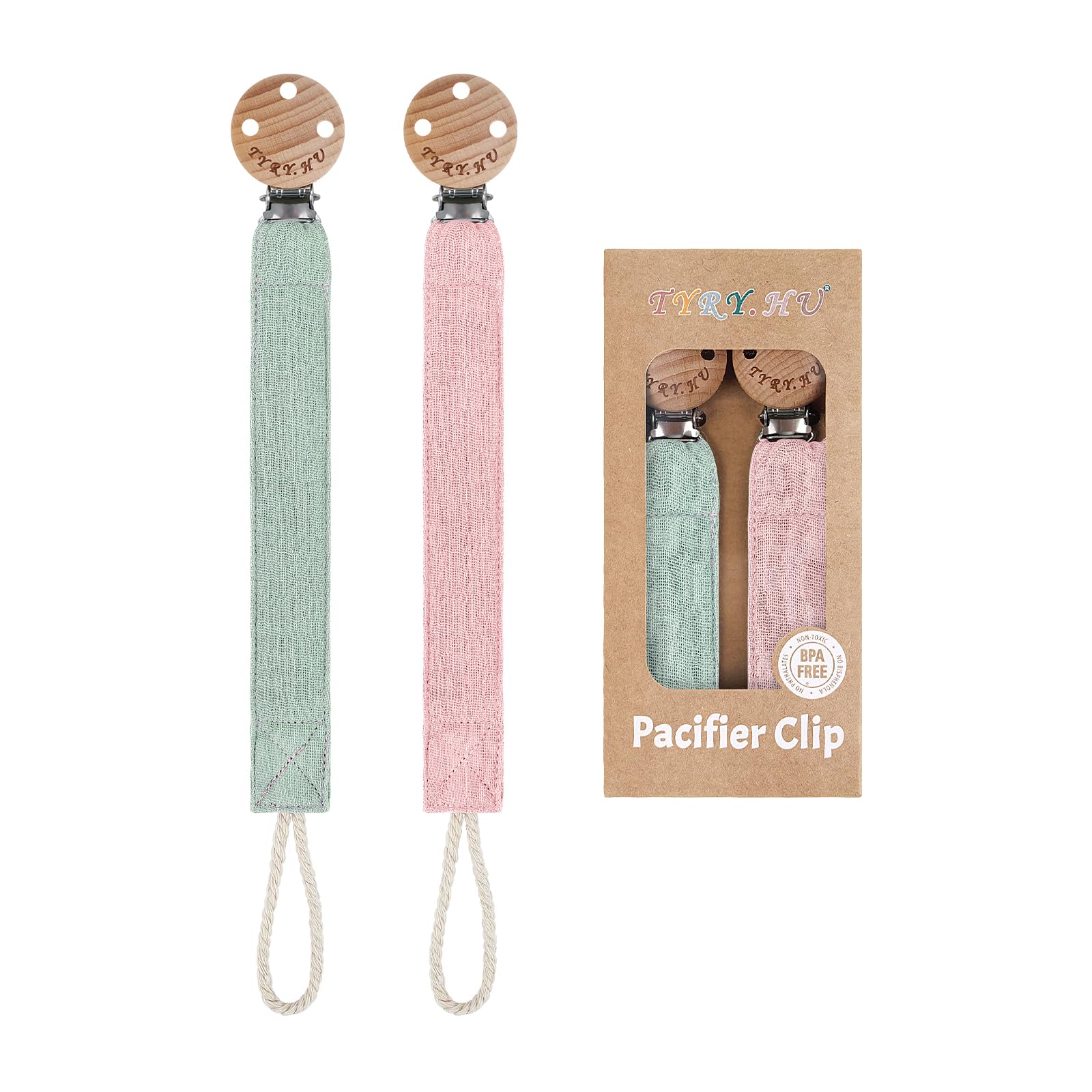 TYRY.HU Ribbon Pacifier Clip Green Pack Front: secure, washable design for busy caregivers.