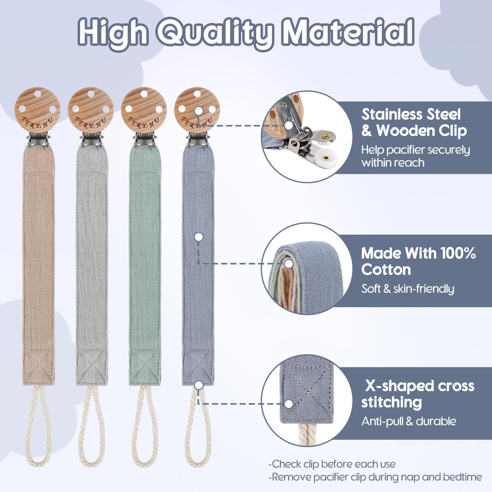 TYRY.HU ribbon pacifier clip in grey shows durable stainless steel clip and skin-safe wood cover.
