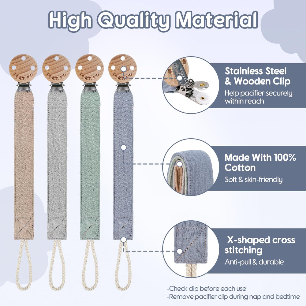 TYRY.HU ribbon pacifier clip in grey shows durable stainless steel clip and skin-safe wood cover.