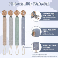 TYRY.HU ribbon pacifier clip in grey shows durable stainless steel clip and skin-safe wood cover.