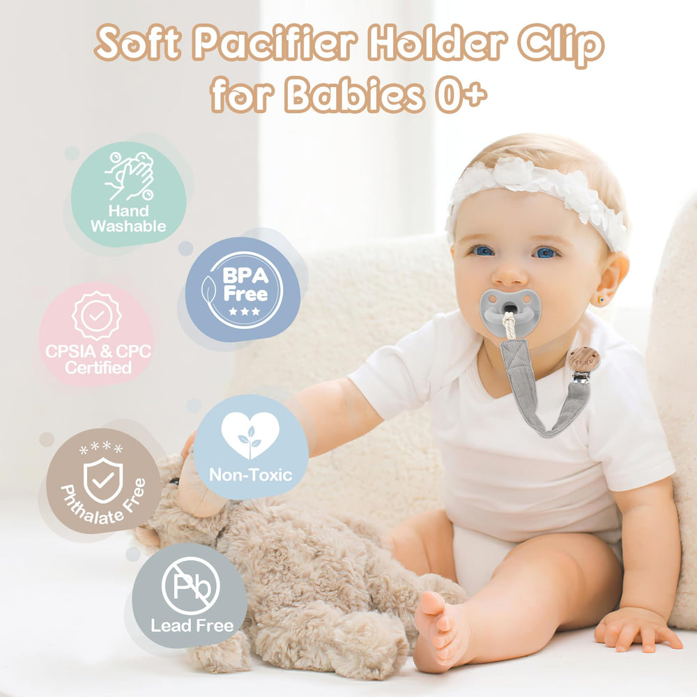 TYRY.HU ribbon pacifier clip in grey with durable stainless clip.