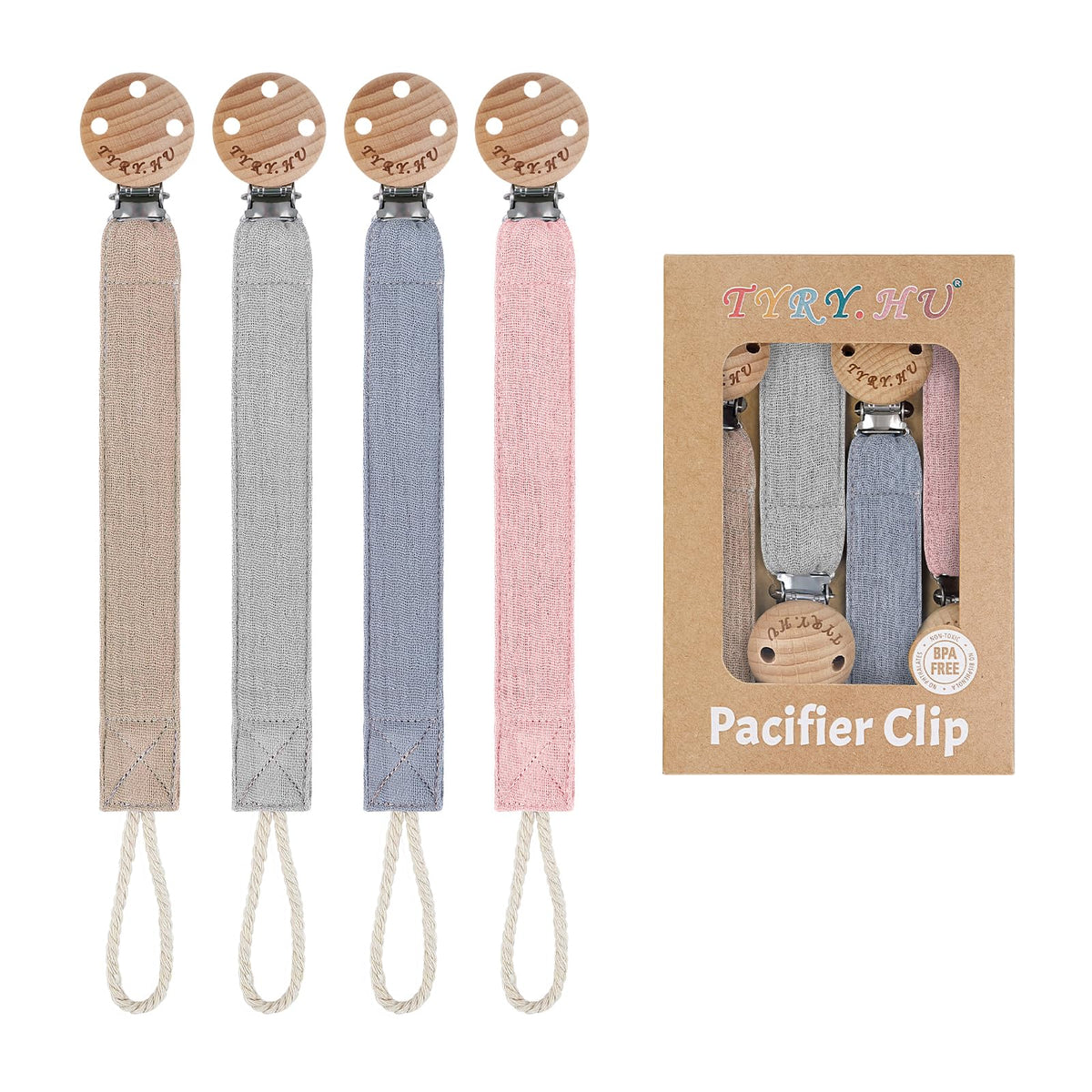 TYRY.HU Ribbon Pacifier Clip khaki close-up, secure stainless clip for on-the-go use