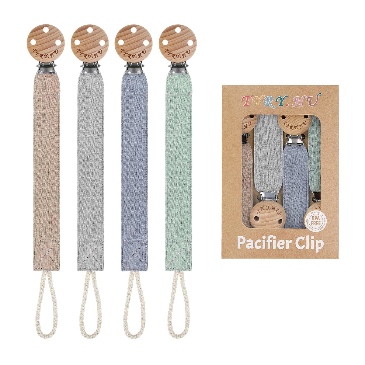 TYRY.HU ribbon pacifier clip in khaki with soft webbing for gentle, secure use.